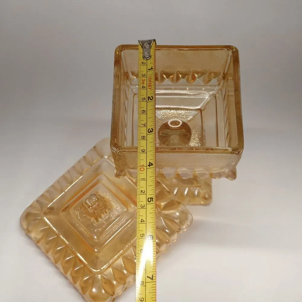 Jeannette Marigold Carnival Glass Covered Pedestal Candy Dish Vintage Square